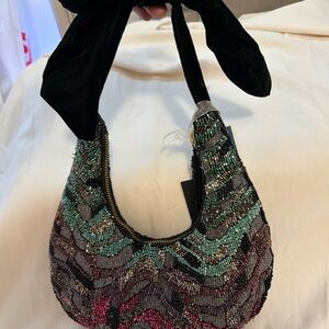 Beaded Crescent Shoulder Bag in Teal & Black